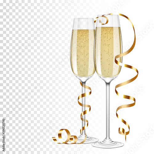 Champagne glasses and champagne with gold ribbon, isolated.