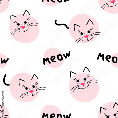 Cute kitty muzzle pattern. Seamless pattern with face cats and circle. Use for background or printing on fabric. Vector cartoon Illustration.