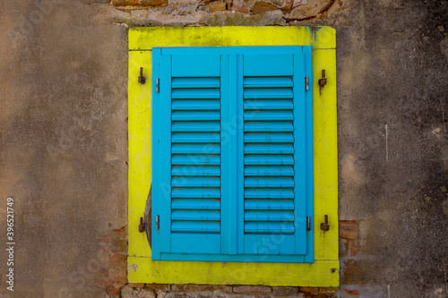 yellow and blue window, old, wall, house