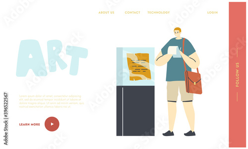 Art Expertise, Masterpiece Examination Landing Page Template. Art Expert Male Character Making Notes Museum Exhibit