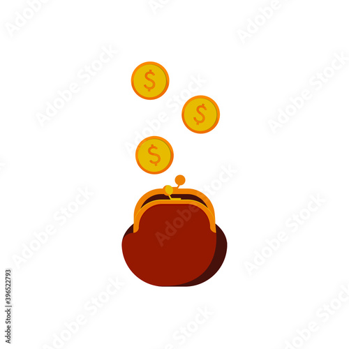 An old-fashioned wallet, dollars, coins falling inside. Vector illustration, flat cartoon color minimal design isolated on white background, eps 10.