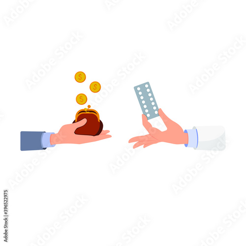 A hand in a white coat holds a package of pills. A hand in a suit holds a purse with coins. Concept: buying, selling drugs, pharmacy, cost of drugs. Vector illustration, flat cartoon design, isolated.