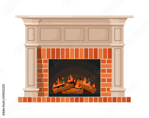 Home fireplace and burning fire isolated on white background photo