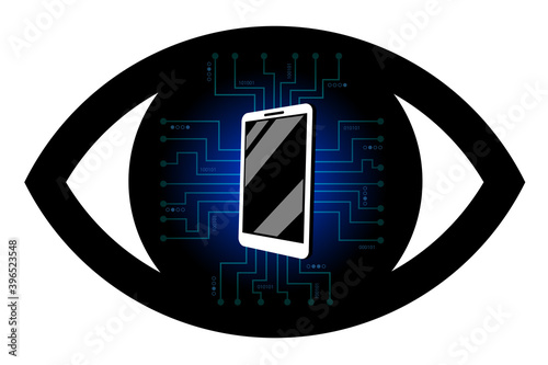 Mobile espionage. Smartphone on a digital background. Tracking eye, identity theft