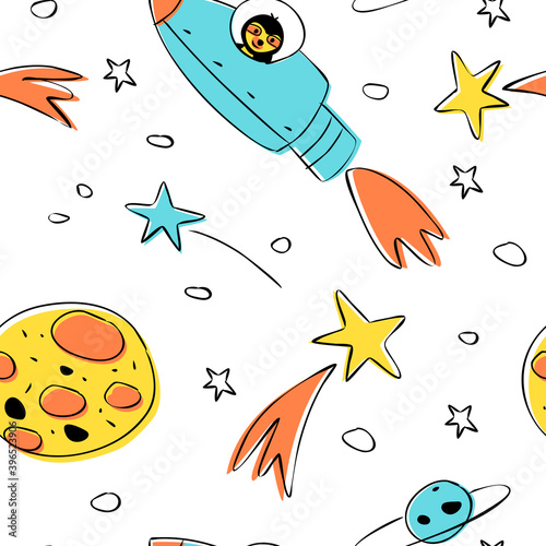 Seamless pattern of astronomical objects, represented by star clusters, planets, and an astronaut rocket. A simple outer space pattern to print on baby supplies. Flat vector white background.