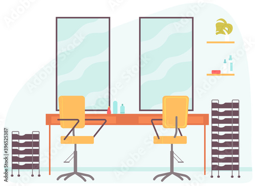 Interior of hairdressing salon or barber shop. Empty studio room for hair cut and care procedures with furniture desk, mirrors, chairs. Vector illustration in cartoon flat style.