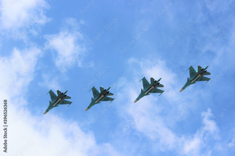 Vicrory day in russian airshow with military aviation in the sky Vicrory day in russian airshow with military aviation in the sky
