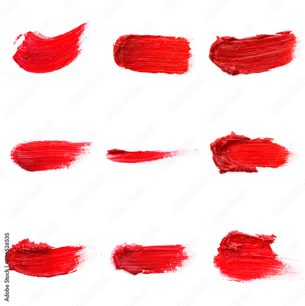 Red colored brush stroke paiting over isolated background, canvas watercolor texture, red lipstick smudge