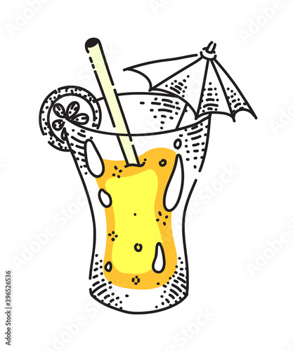 Cartoon orange juice glass with straw and umbrella isolated