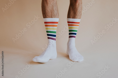 White socks with colorful stripes pattern