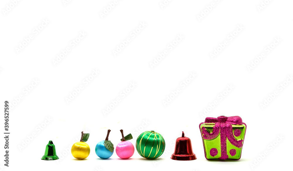 fruit ,bell ,present box in christmas and happy new year on white background with copy space fruit ,bell ,present box in christmas and happy new year on white background with copy space