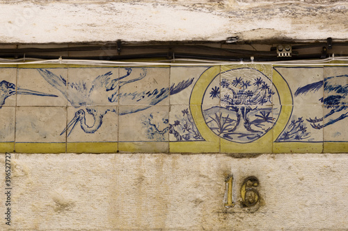 azulejos panels representing birds on a wall in Lisbon, Portugal