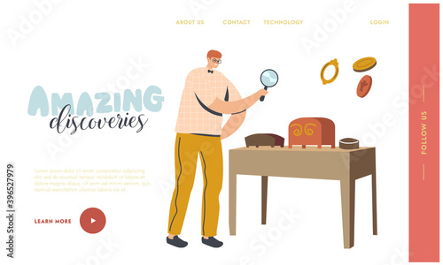 Art Expertise, Masterpiece Examination Landing Page Template. Male Character Looking through Magnifying Glass on Exhibit