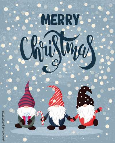 Christmas card with cute gnomes and handwritten inscription. Design for decor, cards, print, web, poster, banner, t-shirt. Vector illustration