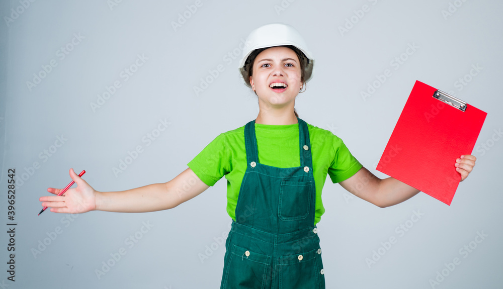 future engineer. happy kid use architecture document project. building construction site. child architect worker. labor day concept. childhood development. teenager girl assistant future engineer. happy kid use architecture document project. building construction site. child architect worker. labor day concept. childhood development. teenager girl assistant