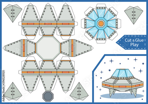 Cut and glue the paper a spaceship UFO. Crafts activity page. Worksheet with funny education riddle. Children art game. Create toys spaceship. 3d gaming puzzle. Birthday decor. Vector illustration.