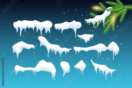 A set of Snow caps, snow clods and snow drifts are installed. Winter decoration element with a spruce branch .Vector illustration photo