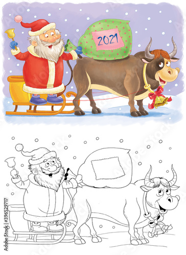 Winter. New Year. Christmas. Illustration for children. Coloring page. Cute and funny cartoon characters © Hasmik