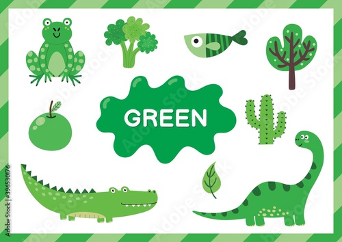 Learning the color green. Educational poster for kids. Primary color