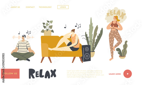 People Meditating Listening Relaxing Music at Home Landing Page Template. Characters Sit in Yoga Lotus Pose
