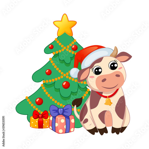 Cute cartoon cow in Santa Claus hat sitting near new year tree and Christmas gifts