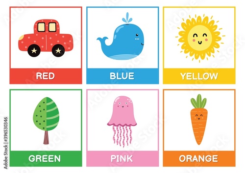 Flashcards with main colors - red, blue, yellow, green, pink, orange. Learn colours educational poster for kids