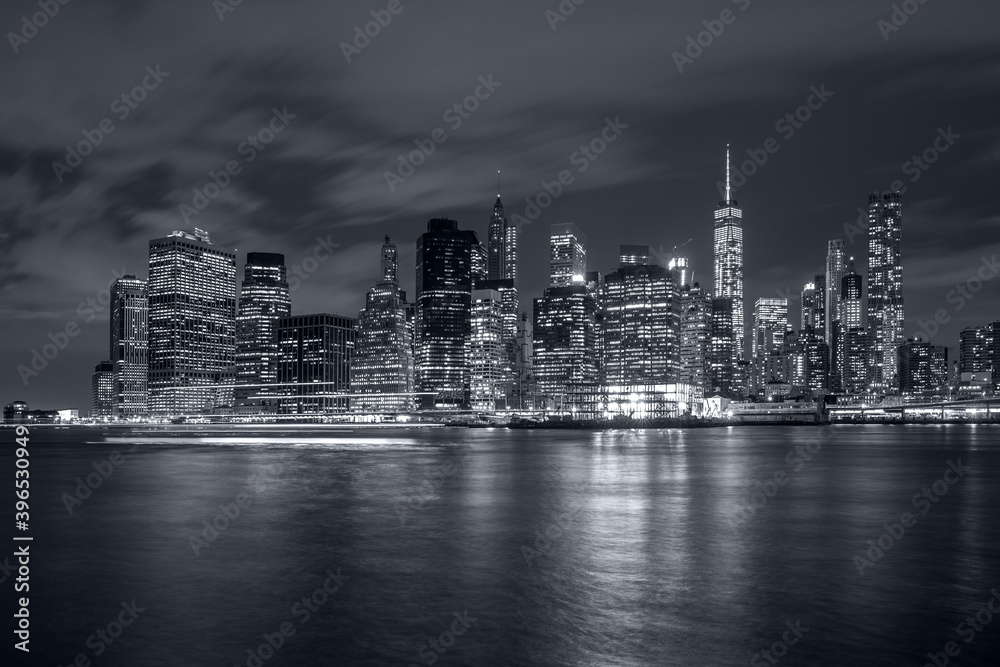 Panorama new york city at night in monochrome blue tonality