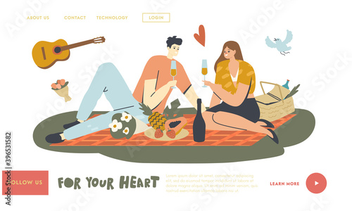 Happy Couple Characters Dating Outdoors on Picnic Landing Page Template. People Drink Champagne. Declaration of Love