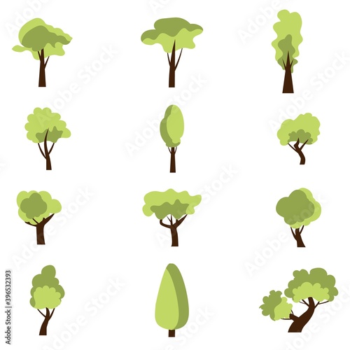 Collection of cartoon trees island with leaves. Orchard  fruit plants  shrubs bushes. Forest line pines  cypresses  thuja  maple  oak  poplar. Set of garden yard silhouettes. Vector illustration