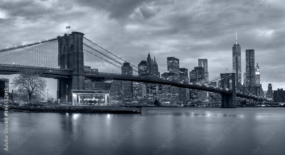 Panorama new york city at night in monochrome blue tonality