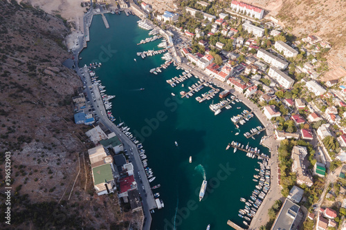 Aerial view of balaklava bay with lots of ships  harbour in the black sea
