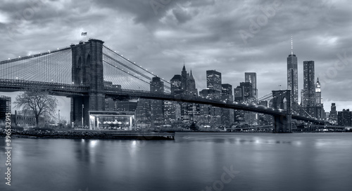 Panorama new york city at night in monochrome blue tonality © bluraz