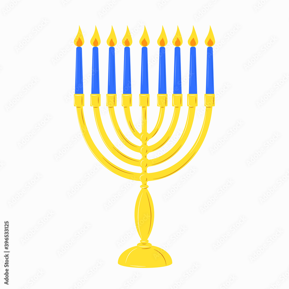 Hanukkah menorah golden yellow candlestick with 9 blue burning candles. Chanukah Jewish Holiday festival of lights symbol. Stock vector flat isolated element icon on a white background