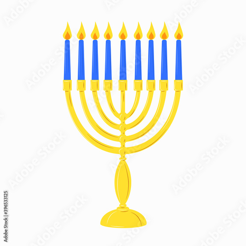 Hanukkah menorah golden yellow candlestick with 9 blue burning candles. Chanukah Jewish Holiday festival of lights symbol. Stock vector flat isolated element icon on a white background