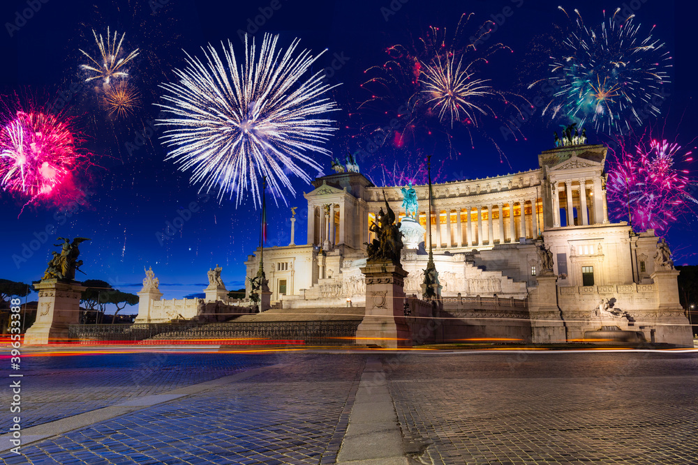 Fireworks display over the National Monument in Rome, Italy