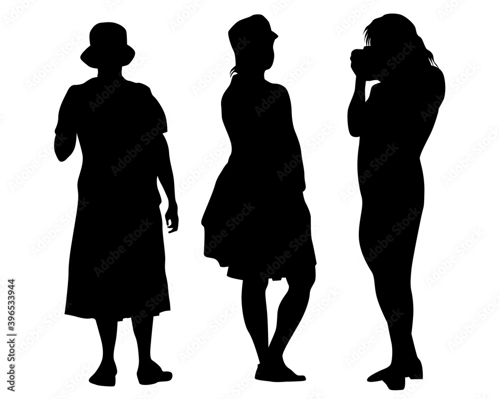 Group of tourists with photo camera. Isolated silhouettes of people on a white background