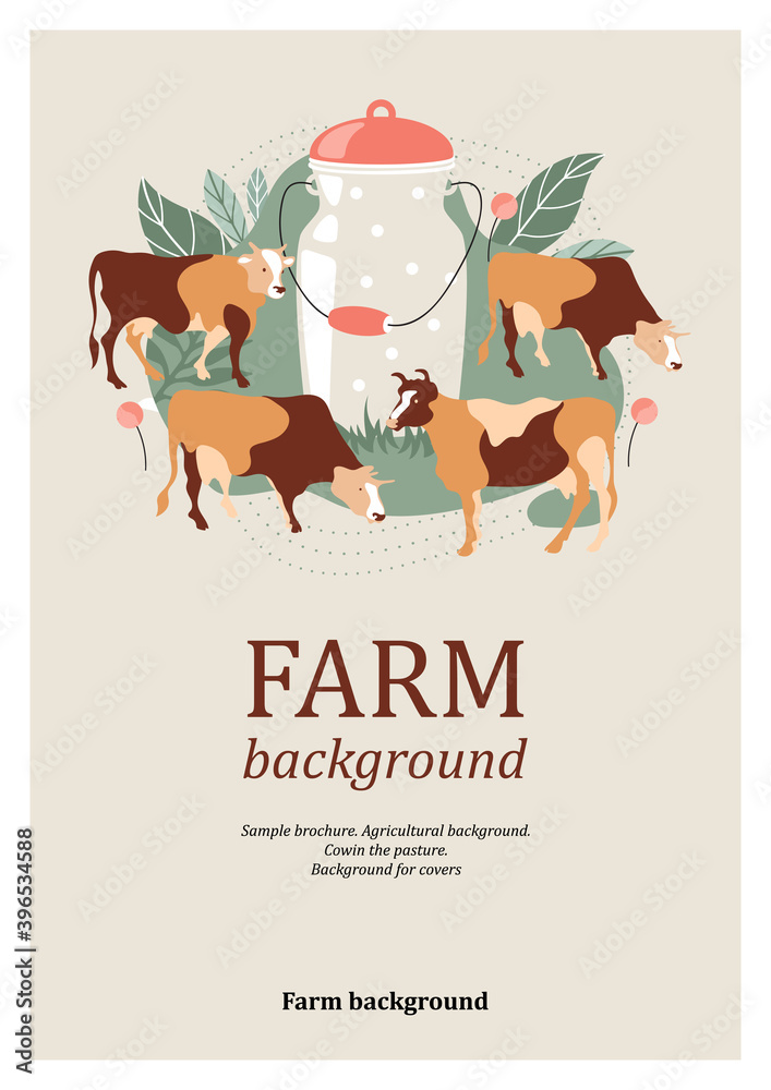 Sample brochure. Agricultural background. Cow silhouette made of multi-colored segments.