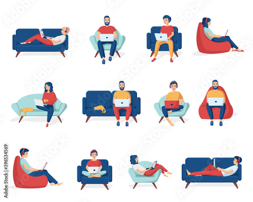 Collection of young man and woman sitting with a laptop on sofa and armchair. Concept of remote work from home, freelance, distance education, e-learning. Set of isolated vector illustrations