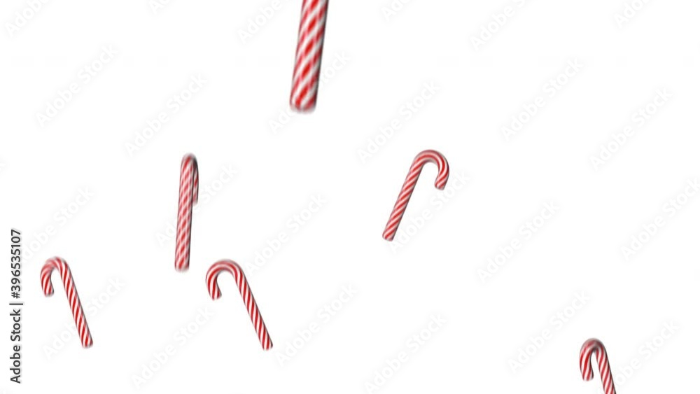 Many candy canes free falling and rotating, isolated on white background, motion blur digital 3D animation, loop.