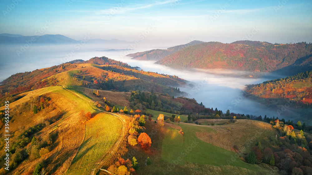 Beautiful Autumn mountain panorama. Morning thick fog cover valley aerial view. Fantastic fall sunrise
