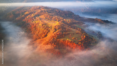 Obraz na płótnie Beautiful Autumn mountain panorama. Morning thick fog cover valley aerial view. Red, Yellow, Orange trees on hillsides. w salonie