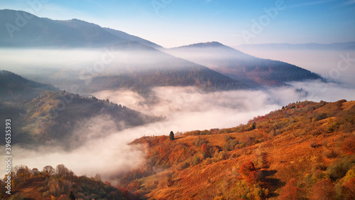 Obraz na płótnie Beautiful Autumn mountain panorama. Morning thick fog cover valley w salonie