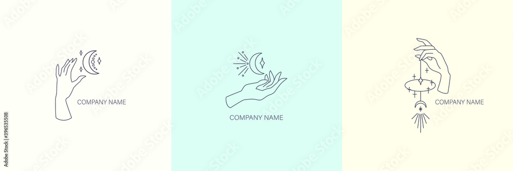 A set of logos for the company. Delicate and mystical hand logos. Vector illustration for female business. Logo for beauty salon, massage, spa.