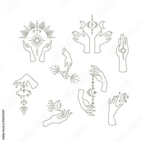 A set of logos for the company. Delicate and mystical hand logos. Vector illustration for female business. Logo for beauty salon, massage, spa.