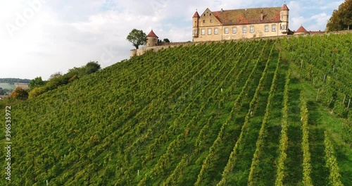 Beautiful view of the greeny vineyards and panorama of sunny rustic town Weinsberg in Heilbronn district, Germany. 4k footage. photo