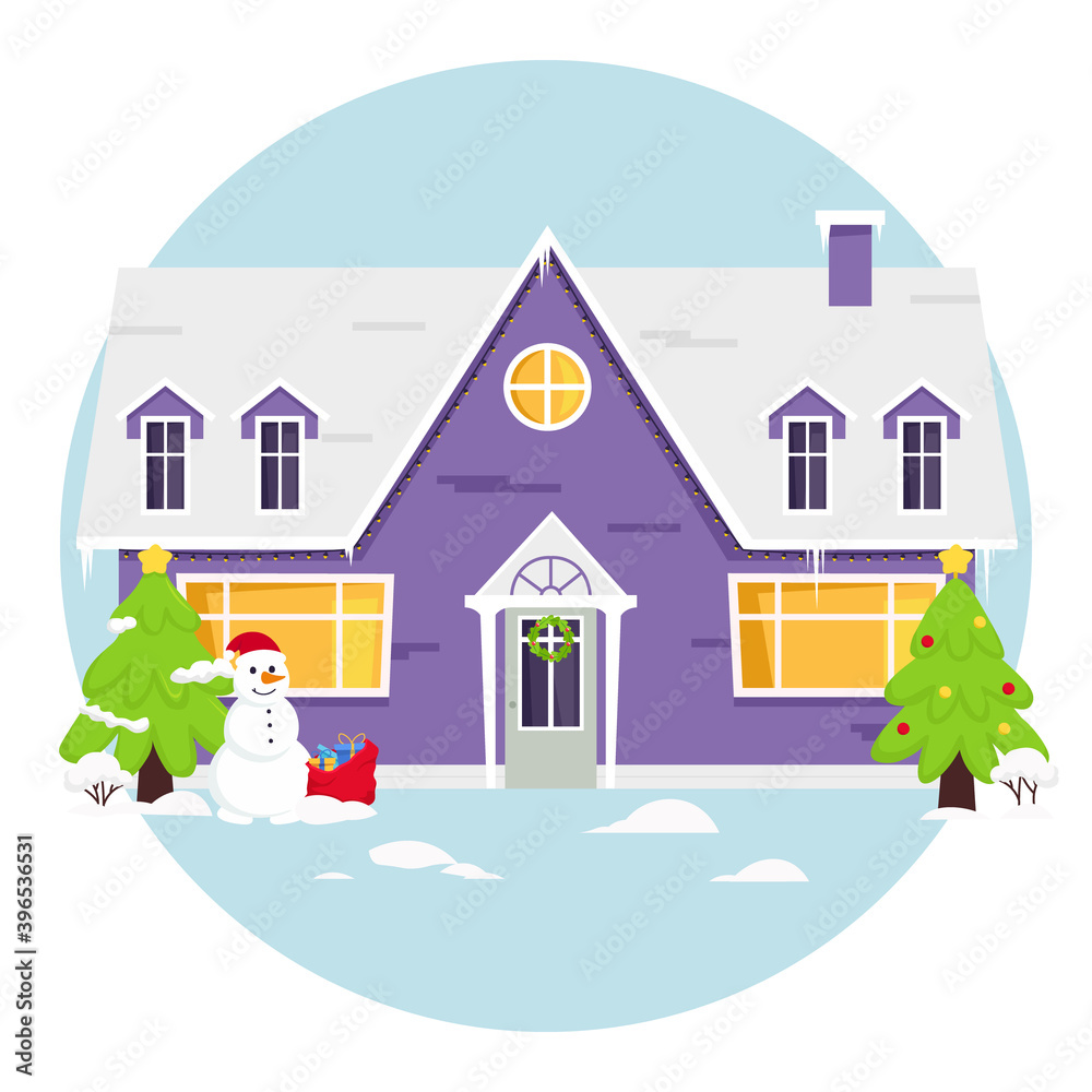 Christmas house. Building with snowman and christmas tree at yard. Winter holidays season. Cartoon vector illustration.