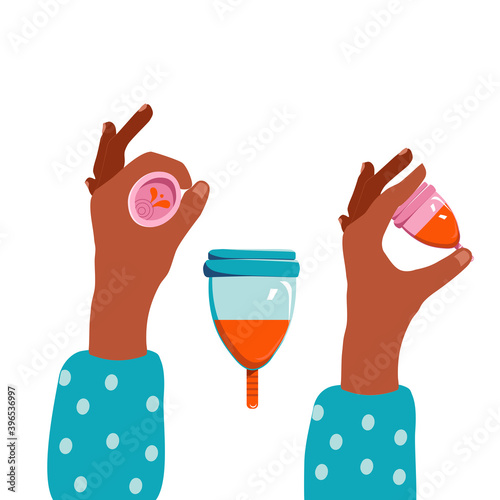 Menstrual cup with blood.Hands holding silicone item and pushing it. Zero waste and eco protection for woman in periods.Female hygiene during critical days.Vector in flat style.Reusable product