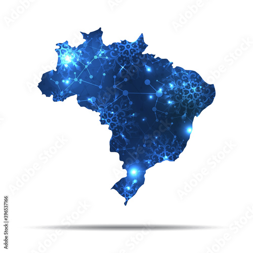 Vector map of Brazil with snowflakes. Winter illustration for your design