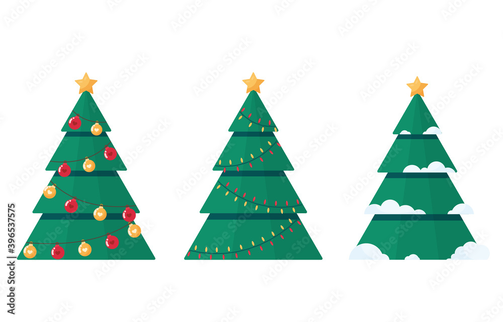 Obraz premium Set icon Christmas trees with balls, garland and star. Pine tree with show. Banner template for Merry Christmas, New Year, Xmas. Mock up for postcard, brochure. On white background. Green. Eps 10