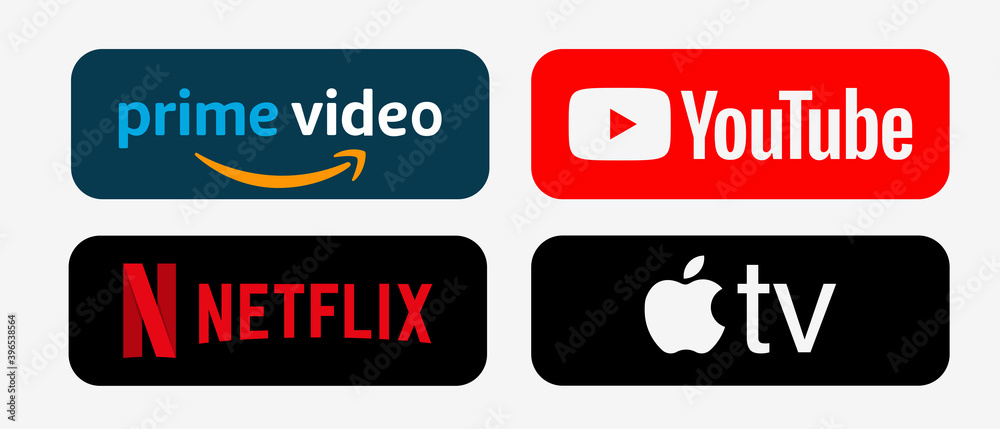 Netflix, Youtube and Prime Video. Amazon and Netflix streaming service.  Google YouTube and Apple TV icon. Editorial online video icons. Vector.  Rivne, Ukraine - December 1, 2020. Stock Vector | Adobe Stock